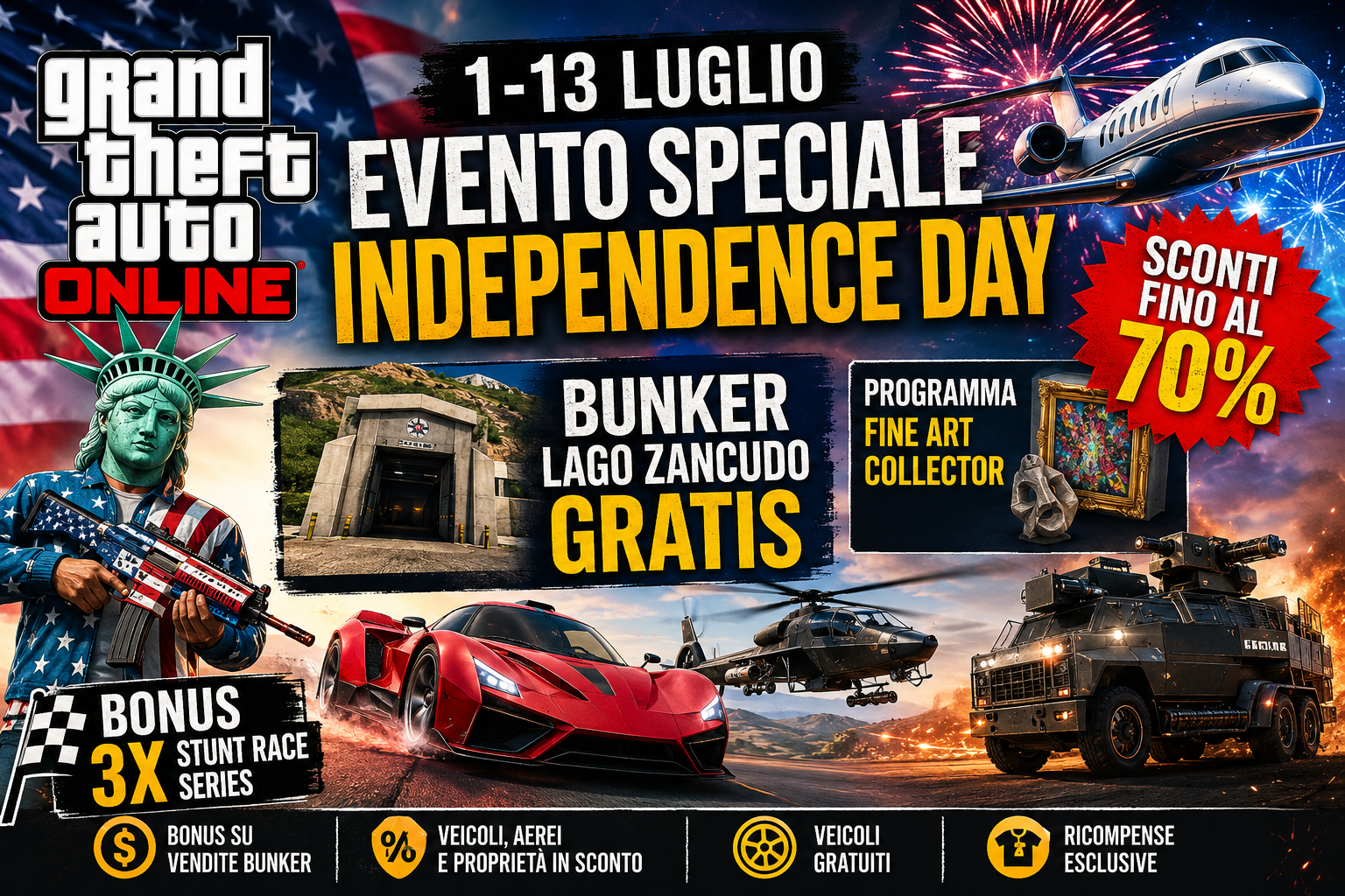 GTA Online: evento 1-13 luglio, Bunker Lago Zancudo gratis, sconti fino al 70% e bonus