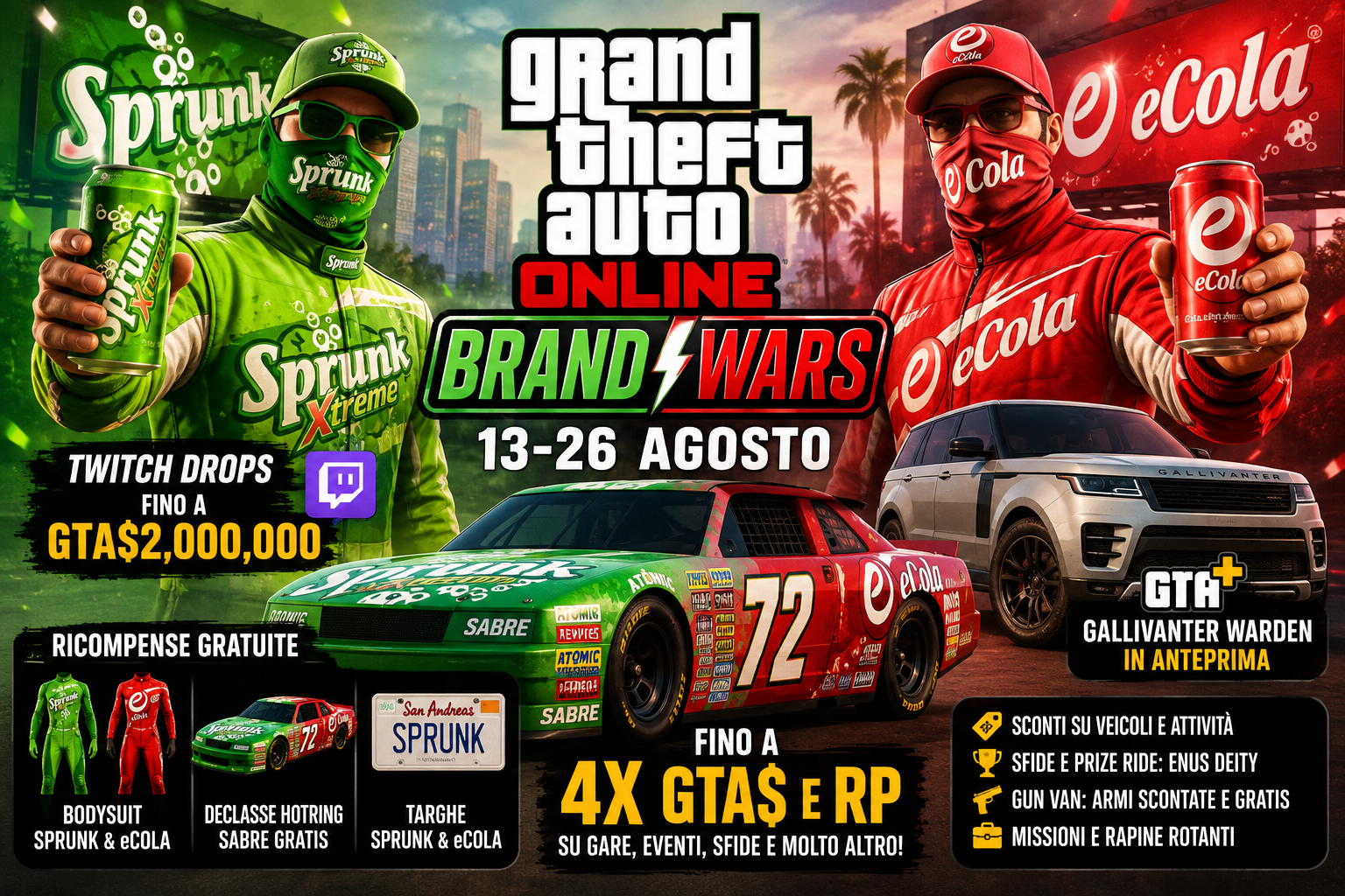 Aggiornamento Settimanale GTA Online Brand Wars: $2 milioni gratis, bonus, ricompense e veicoli fino al 26 Agosto